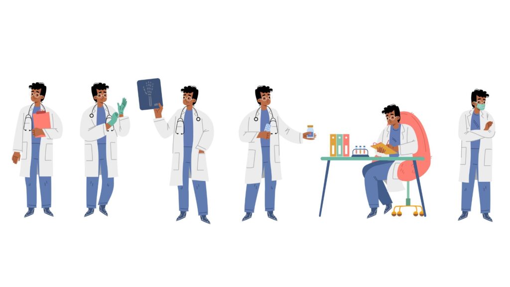 Ilustração de médico com estetoscópio e prontuário