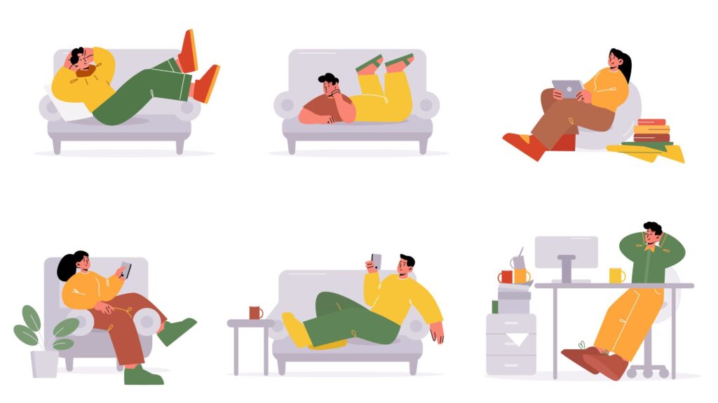 Pessoas relaxando no sofá em casa