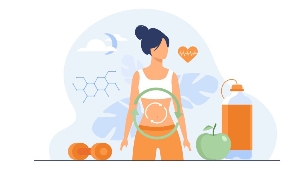 Ilustração do processo metabólico de mulher em dieta