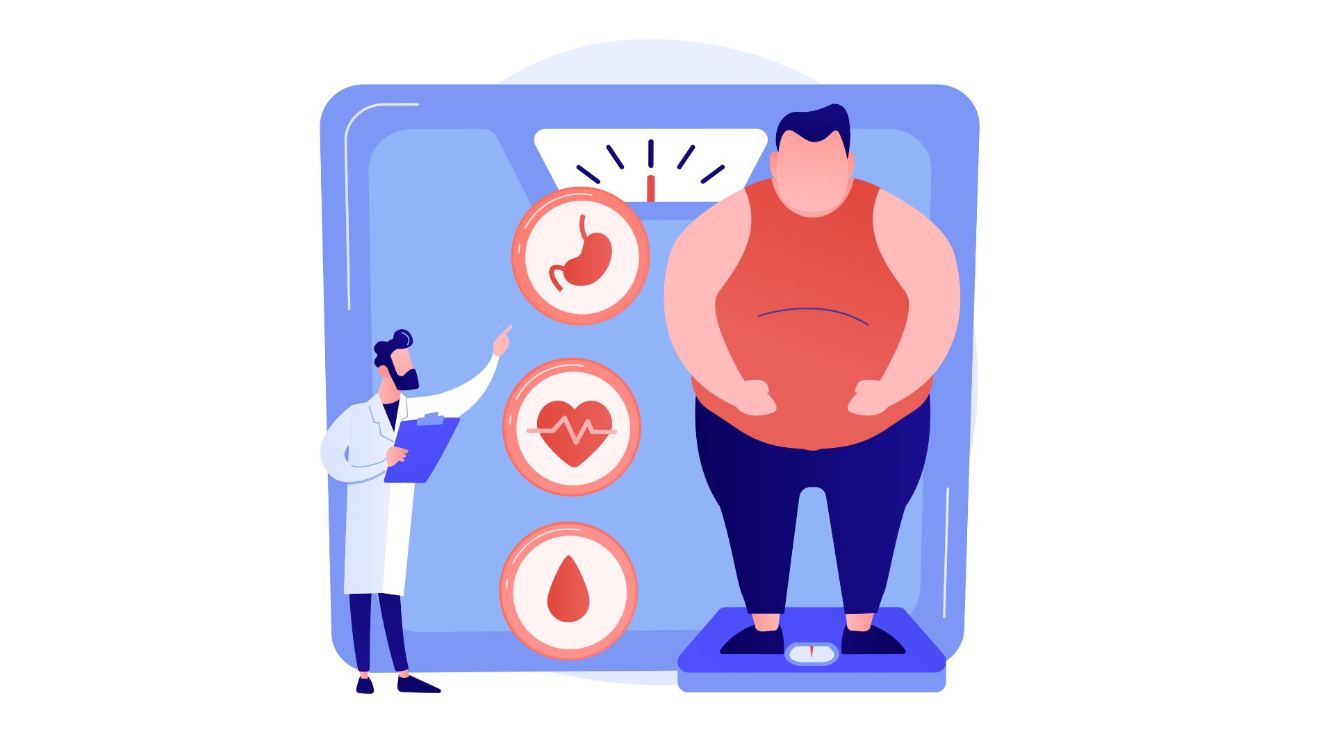 Ilustração de homem com obesidade em consulta médica e impacto na saúde