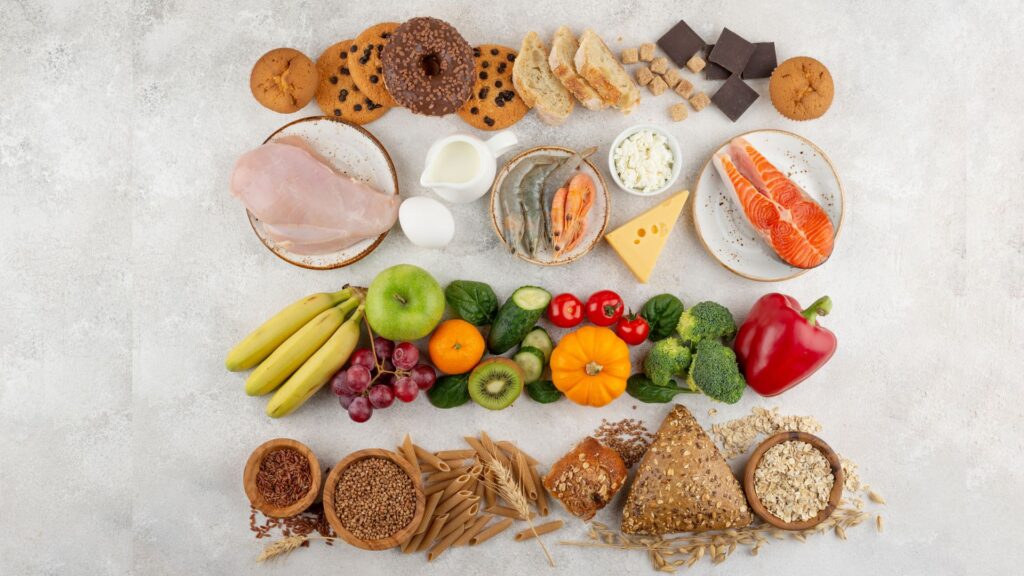 Vista superior de diferentes grupos alimentares