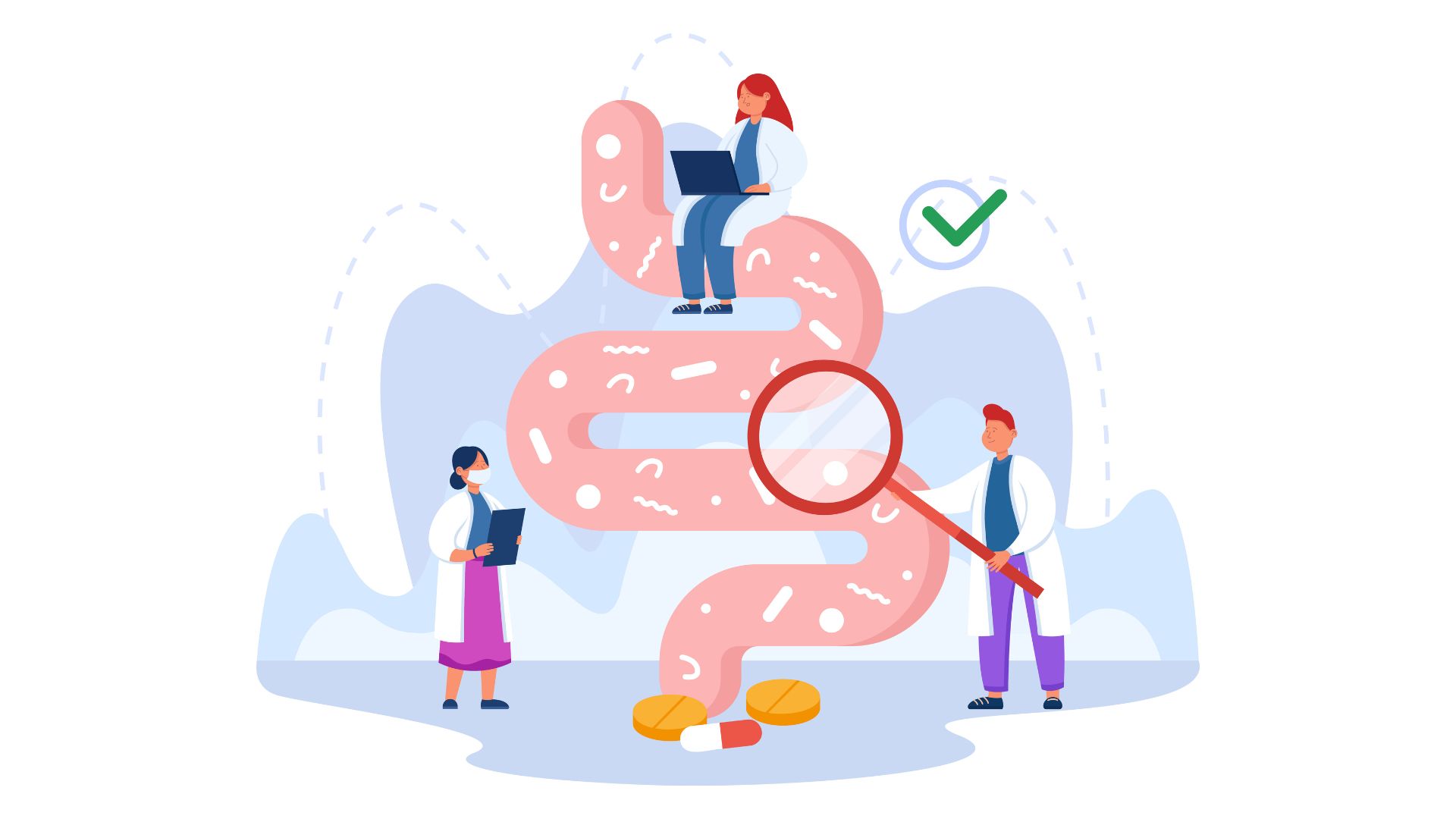 Ilustração de médicos analisando microbiota intestinal