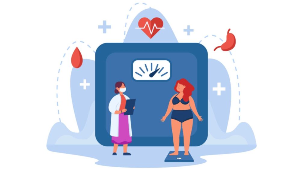 Ilustração de mulher com obesidade sendo avaliada em consulta