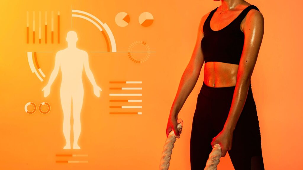 mulher treinando com ilustração de resultados de ganho de massa muscular